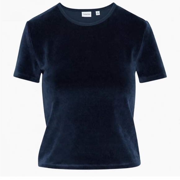 NWT Aritzia Sunday Best Velvet Henri T-Shirt in Total Eclipse Navy Blue Small - Picture 2 of 13